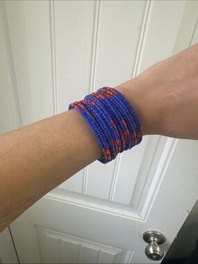 Blue red and brass toned beaded western boho bracelet